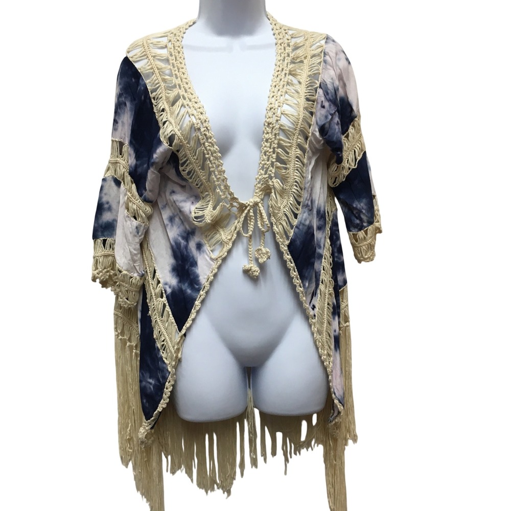Love J Tie Dye Crochet Fringe Kimono Women's Small Blue Boho Festival Ethereal